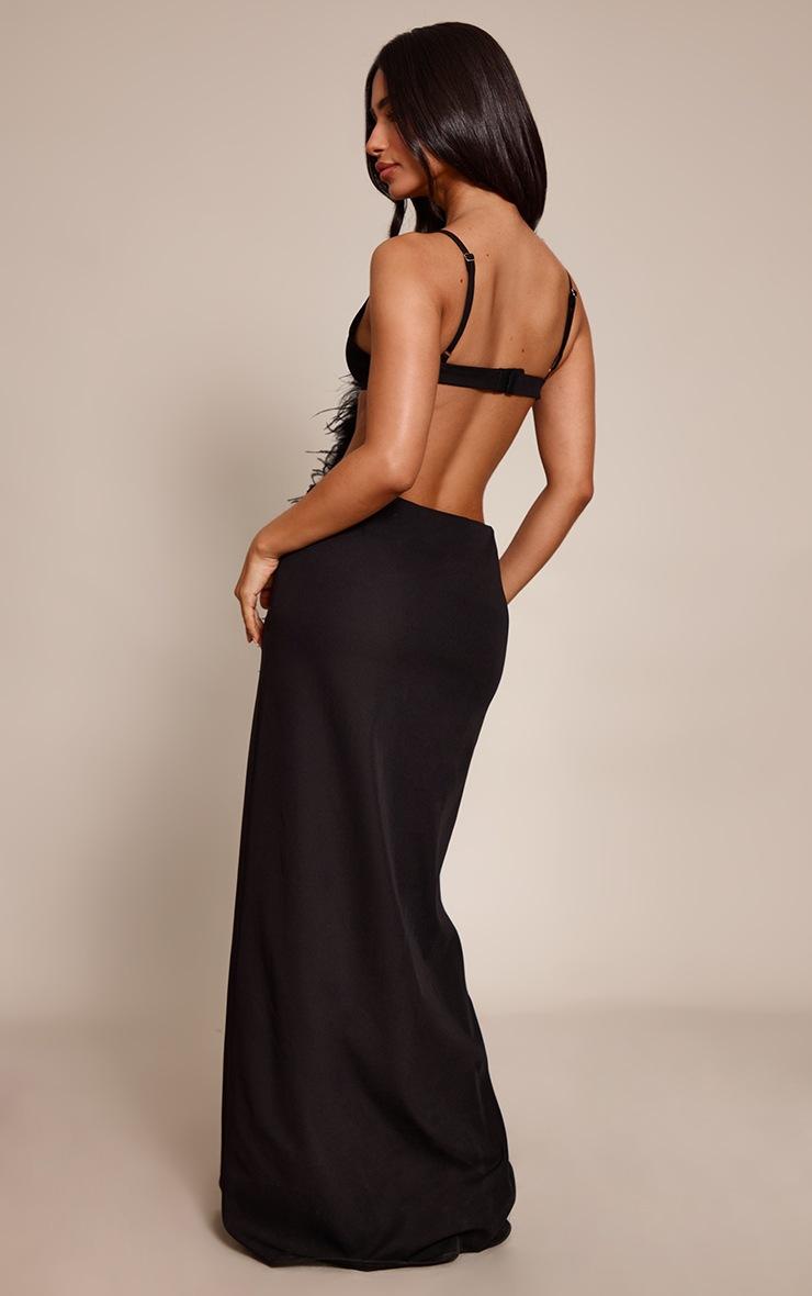 Pretty Little Thing Petite Black Asymmetric Cut Out Strappy Feather Maxi Dress