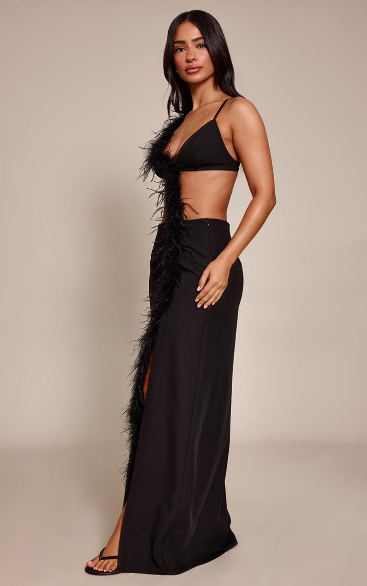Pretty Little Thing Petite Black Asymmetric Cut Out Strappy Feather Maxi Dress