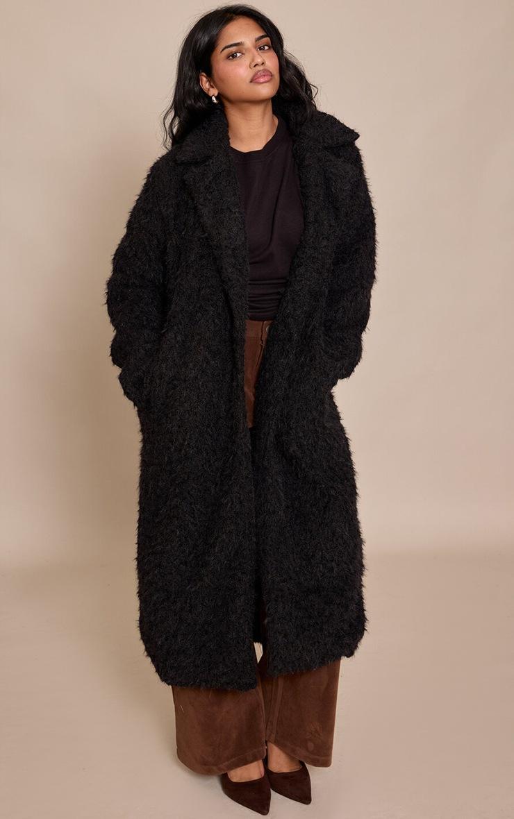 Pretty Little Thing Petite Black Borg Button Up Maxi Coat