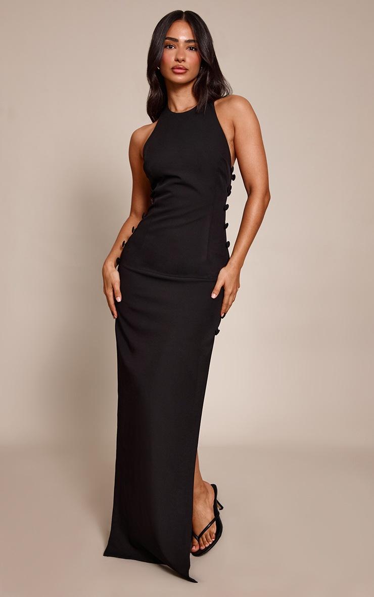 Pretty Little Thing Petite Black Button Up Side Cut Out Maxi Dress