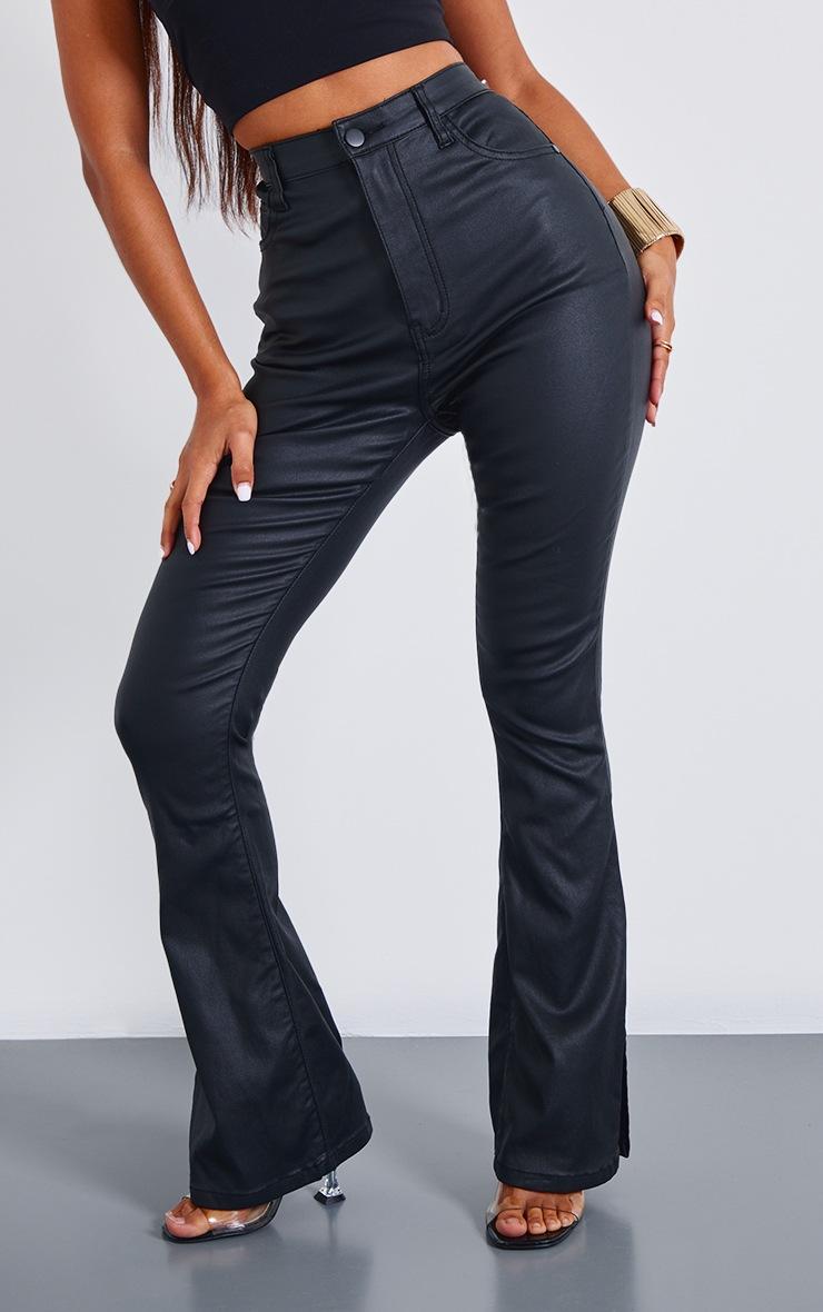 Pretty Little Thing Petite Black Coated Denim Split Hem Flares
