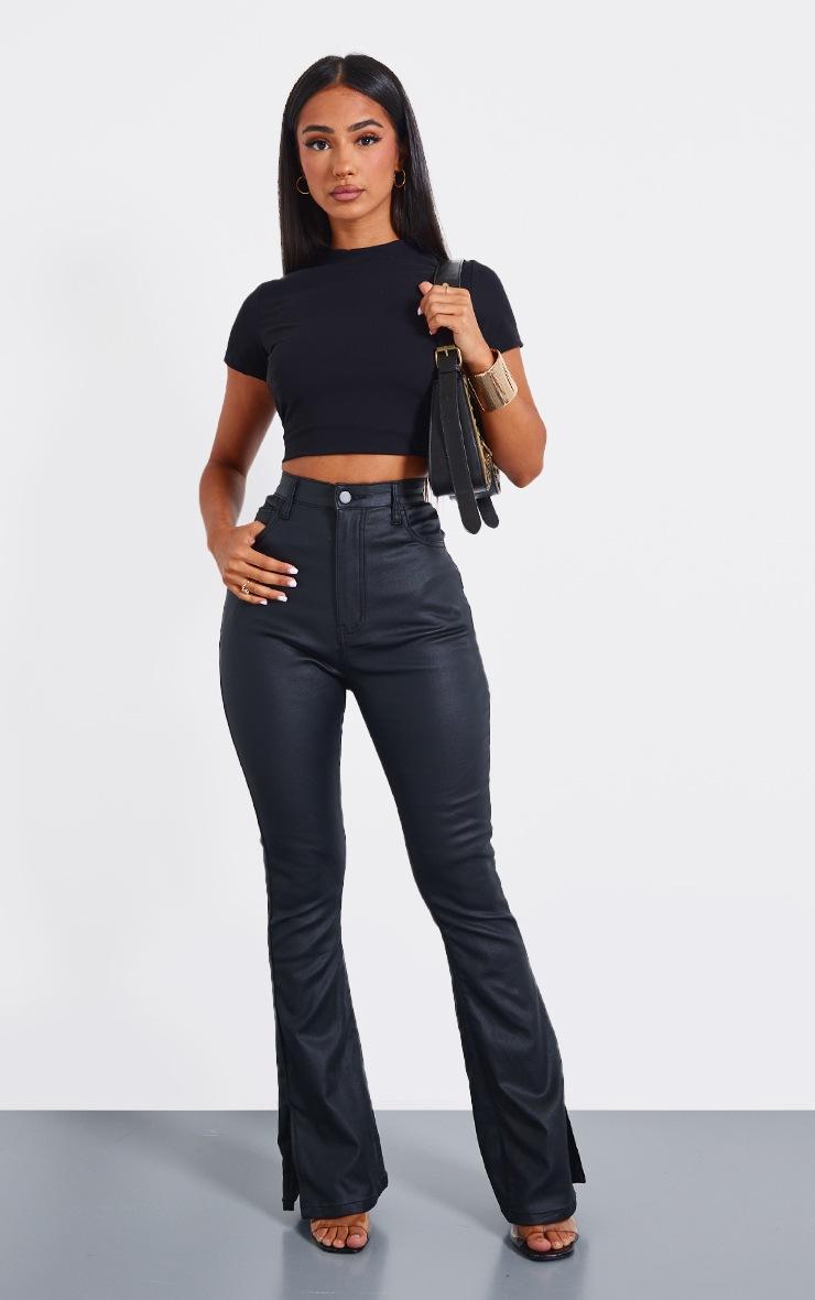 Pretty Little Thing Petite Black Coated Denim Split Hem Flares