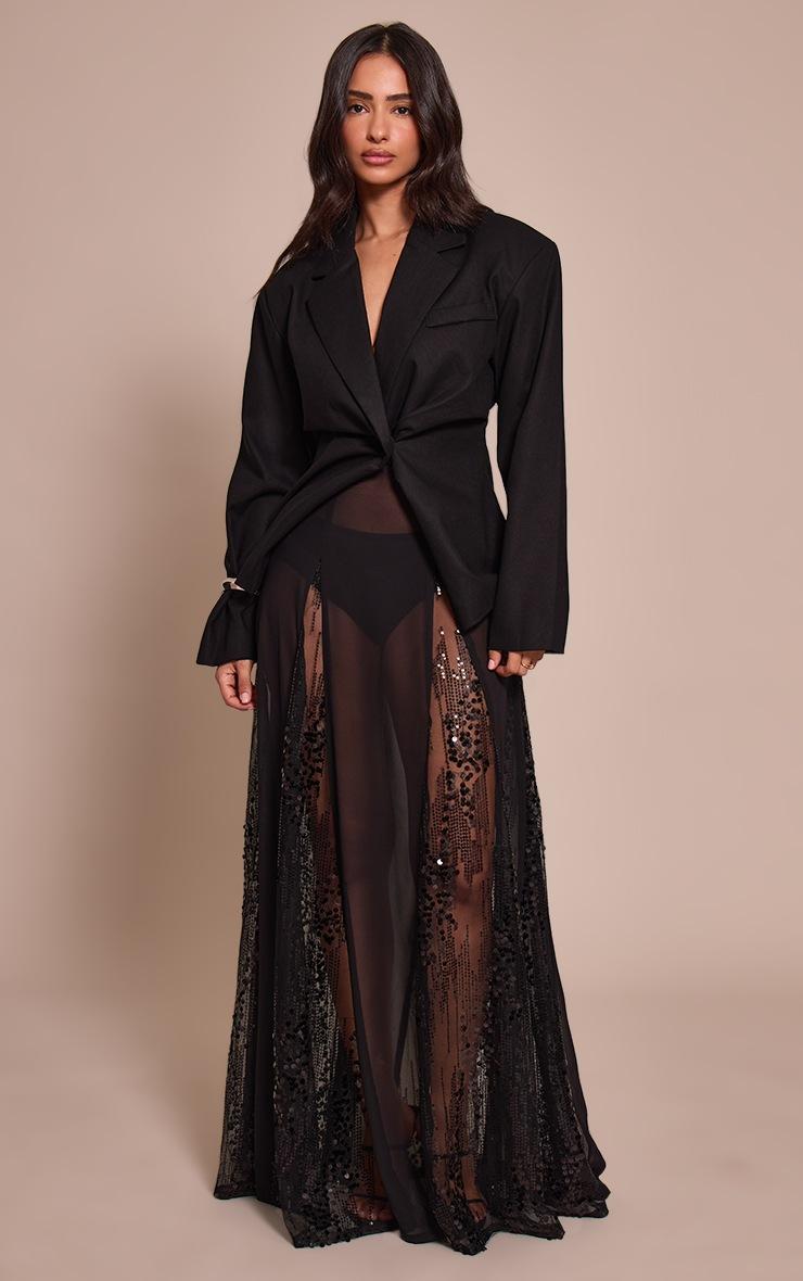 Pretty Little Thing Petite Black Contrast Sequin Flowy Maxi Skirt