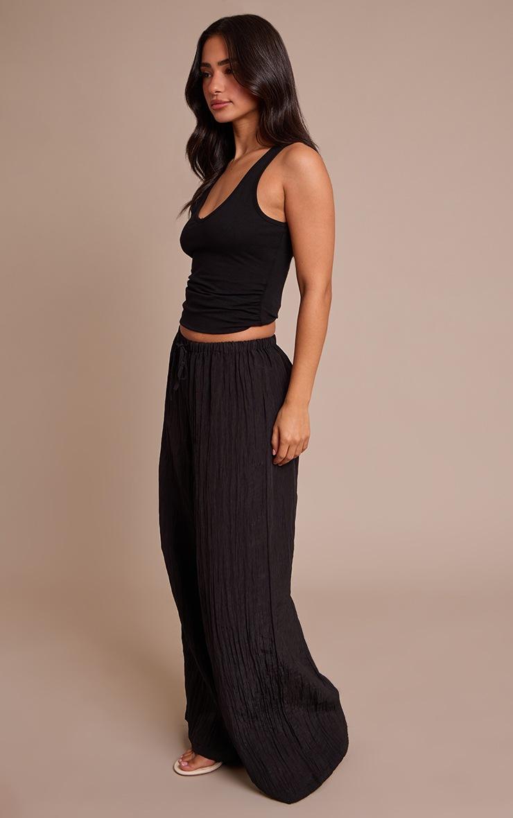 Pretty Little Thing Petite Black Crinkle Satin Drawstring Low Rise Pant