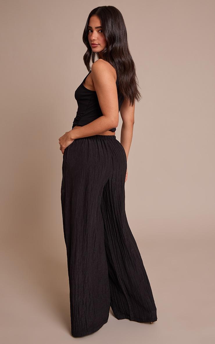 Pretty Little Thing Petite Black Crinkle Satin Drawstring Low Rise Pant