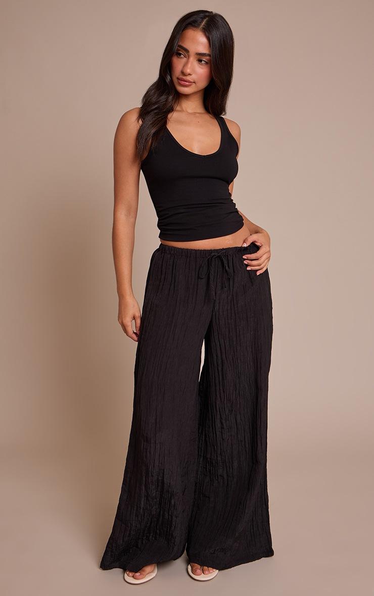 Pretty Little Thing Petite Black Crinkle Satin Drawstring Low Rise Pant