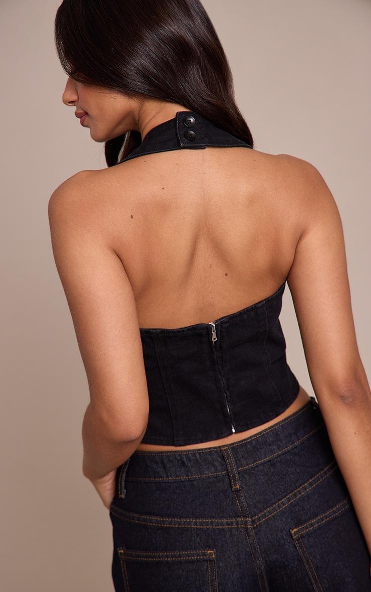 Pretty Little Thing Petite Black Denim Halterneck Top