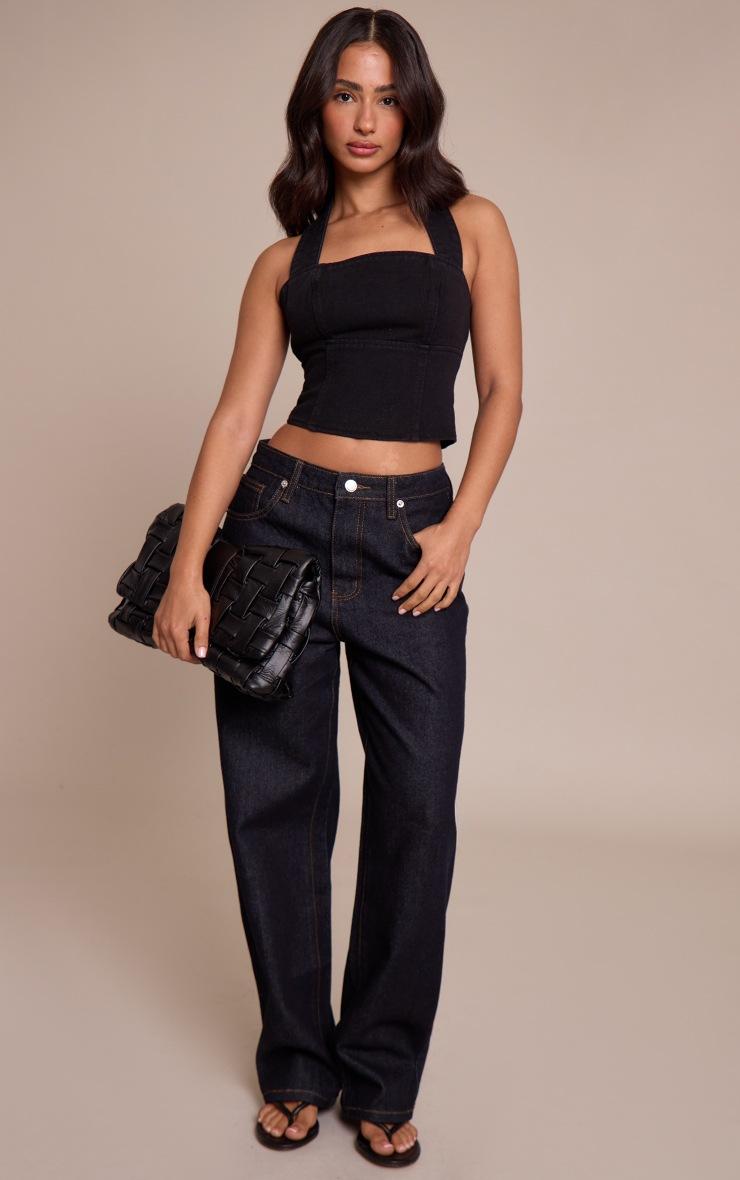 Pretty Little Thing Petite Black Denim Halterneck Top
