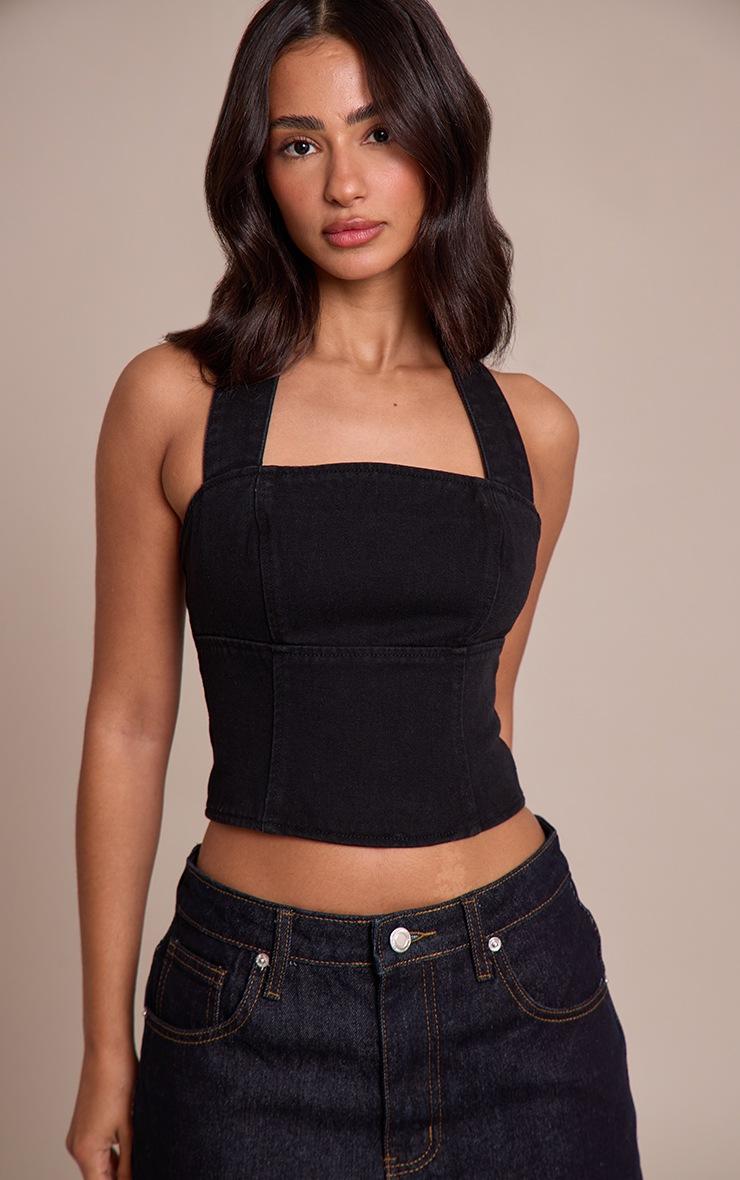 Pretty Little Thing Petite Black Denim Halterneck Top