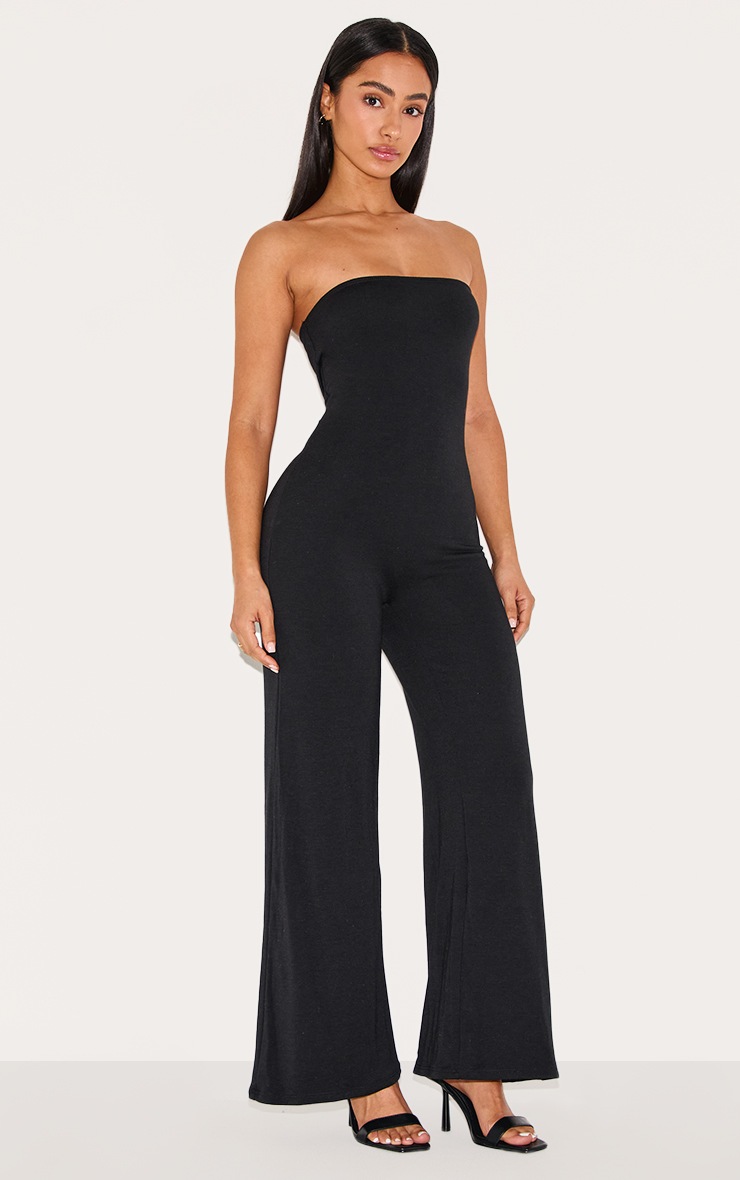 Pretty Little Thing Petite Black Double Layer Jersey Bandeau Wide Leg Jumpsuit