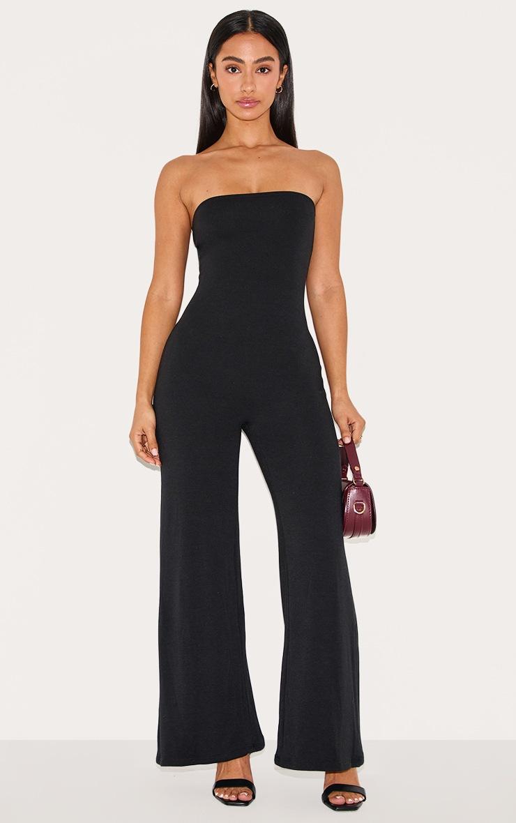 Pretty Little Thing Petite Black Double Layer Jersey Bandeau Wide Leg Jumpsuit