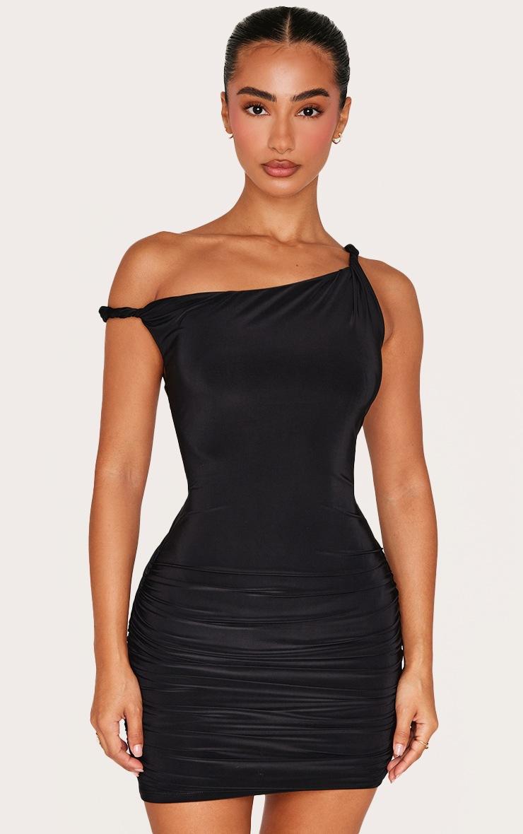 Pretty Little Thing Petite Black Double Slinky Asymmetric Neckline Twist Detail Mini Dress