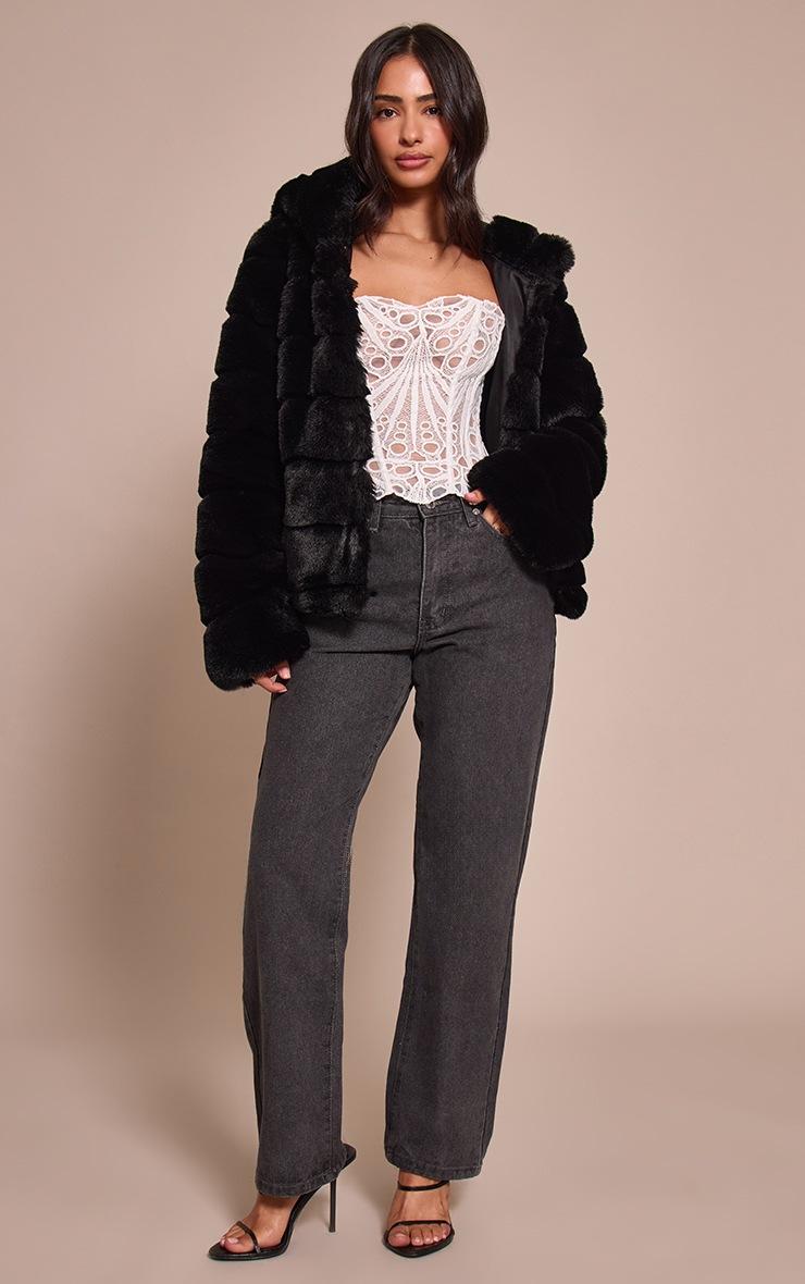 Pretty Little Thing Petite Black Faux Fur Hooded Oversized Coat