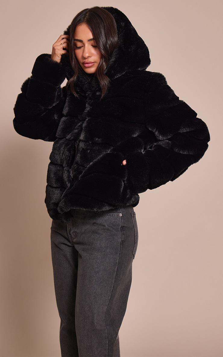 Pretty Little Thing Petite Black Faux Fur Hooded Oversized Coat