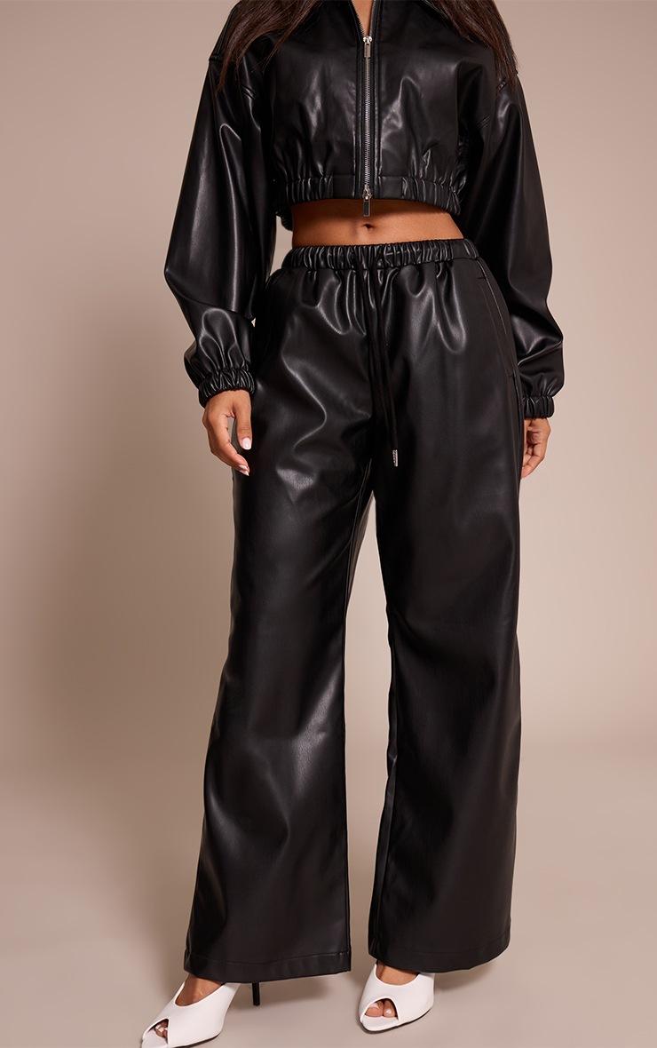 Pretty Little Thing Petite Black Faux Leather Elasticated Wide Leg Pants