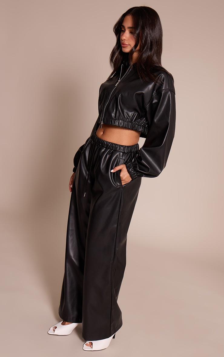 Pretty Little Thing Petite Black Faux Leather Elasticated Wide Leg Pants