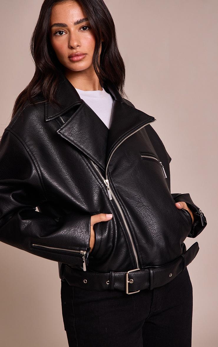Pretty Little Thing Petite Black Faux Leather Oversized Biker Jacket