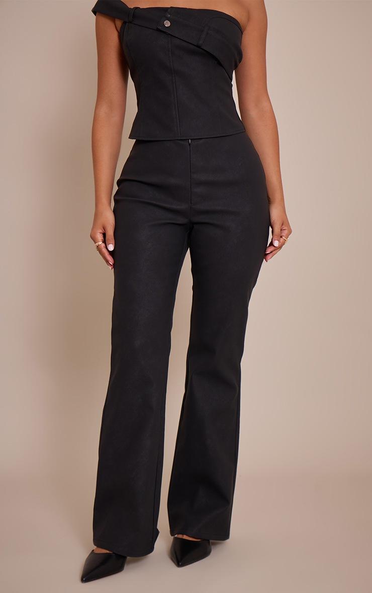 Pretty Little Thing Petite Black Faux Leather Zip Front Flared Pants