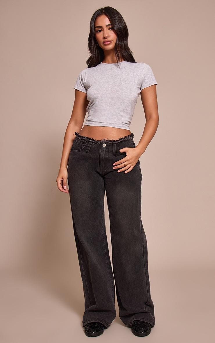 Pretty Little Thing Petite Black Fray Waist Low Rise Straight Leg Jeans