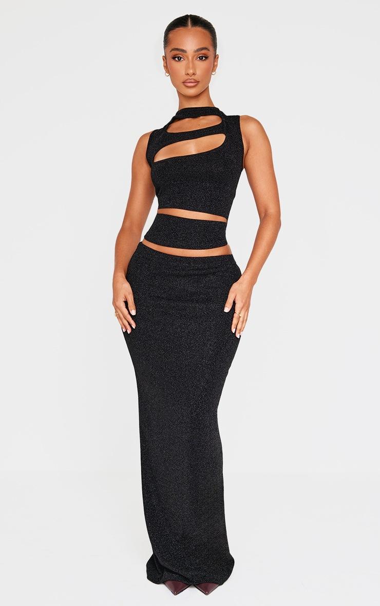 Pretty Little Thing Petite Black Glitter Cut Out Detail Crop Top