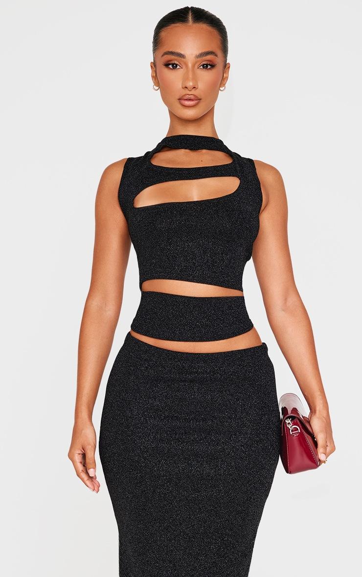 Pretty Little Thing Petite Black Glitter Cut Out Detail Crop Top