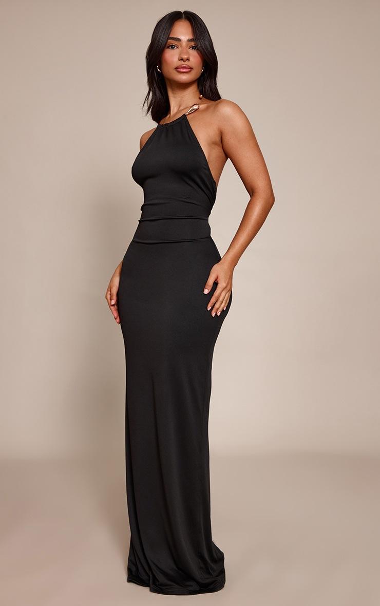 Pretty Little Thing Petite Black Gold Halterneck Trim Detail Maxi Dress