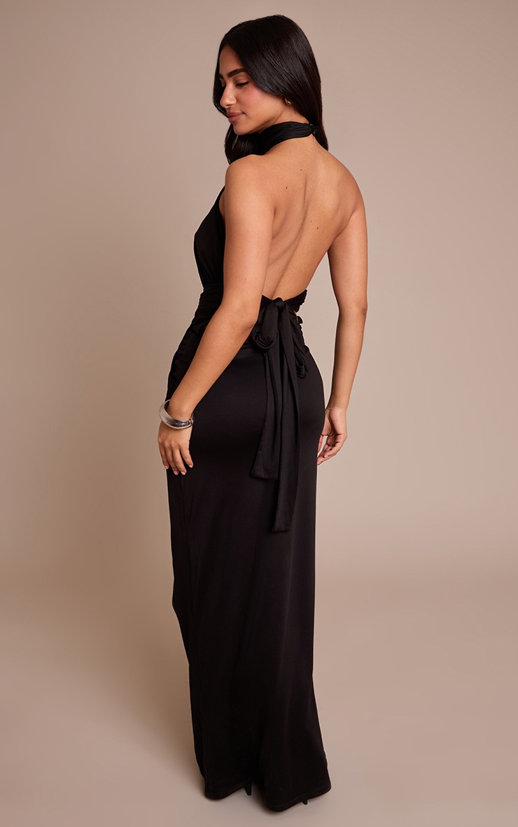 Pretty Little Thing Petite Black Halterneck Double Slinky Ruched Cut Out Maxi Dress