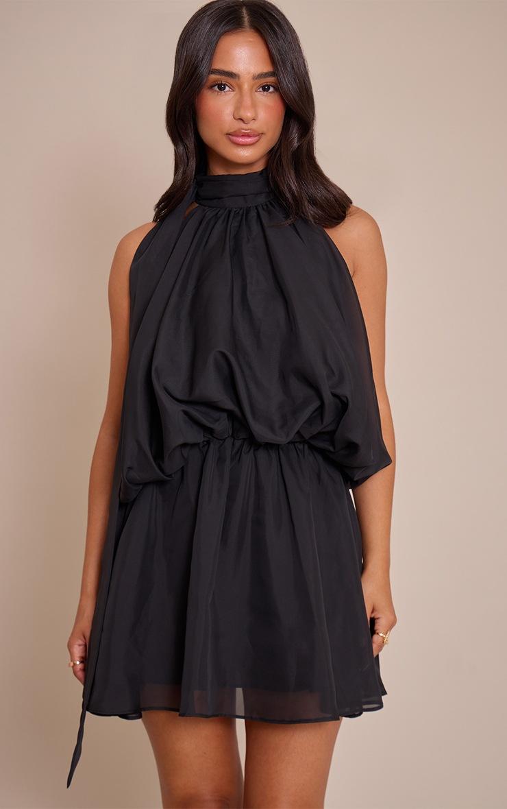 Pretty Little Thing Petite Black High Neck Ruffle Scarf Dress