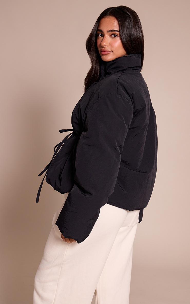 Pretty Little Thing Petite Black High Neck Tie Waist Quilted Jacket