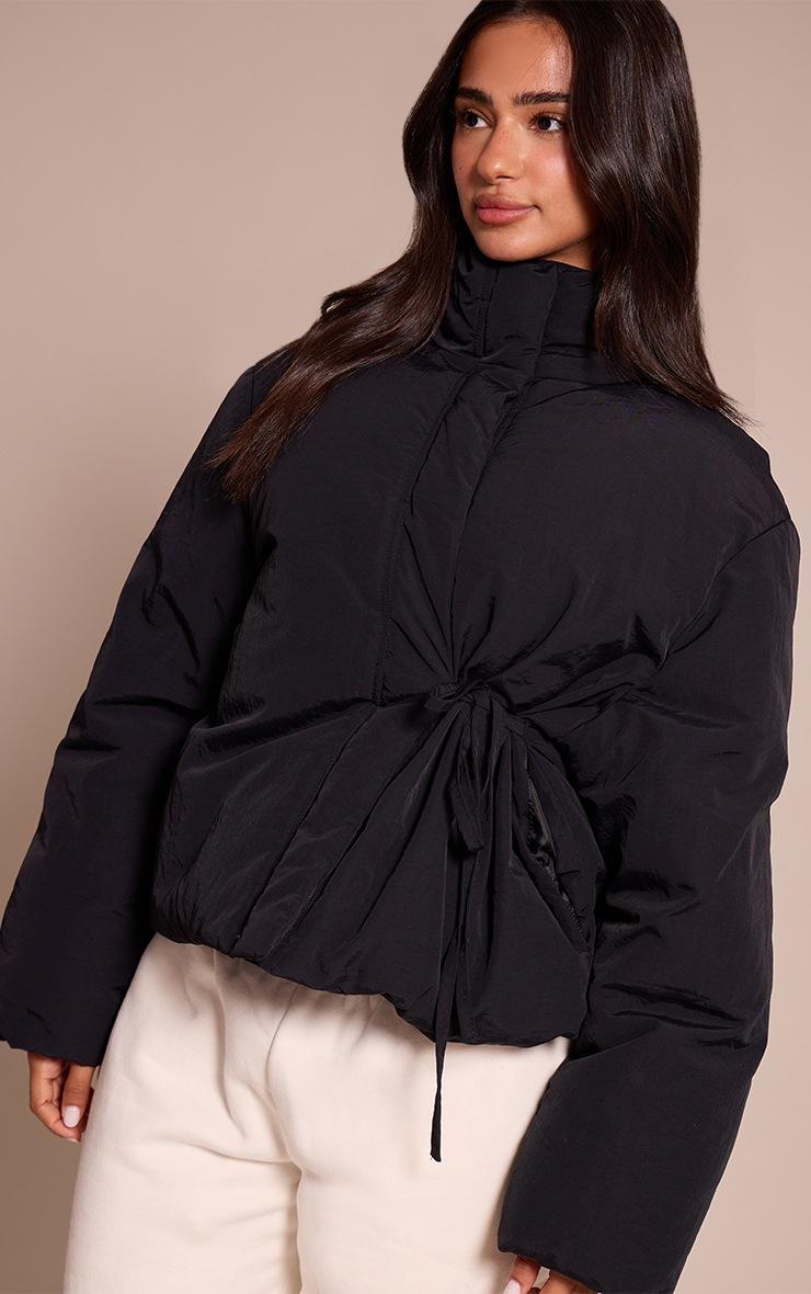 Pretty Little Thing Petite Black High Neck Tie Waist Quilted Jacket