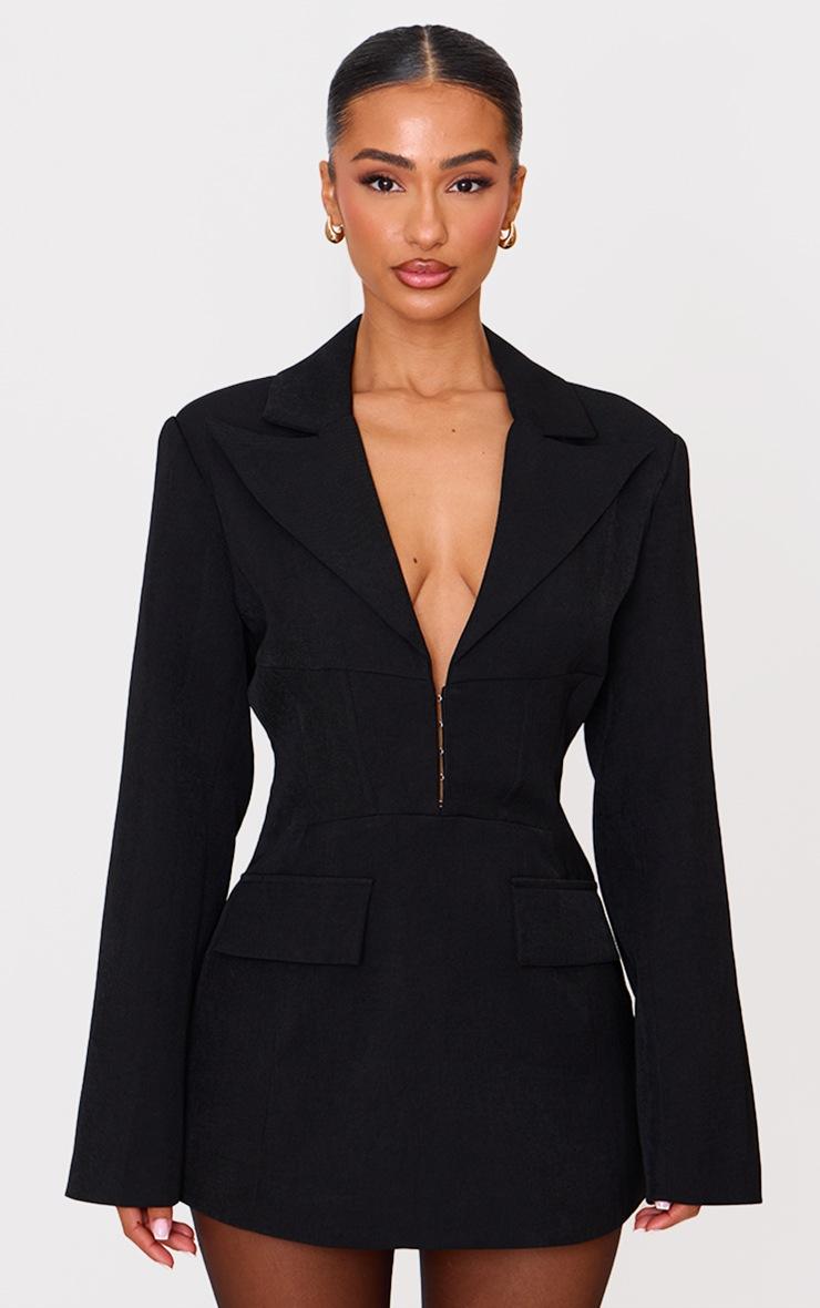 Pretty Little Thing Petite Black Hook And Eye Fitted Blazer Dress