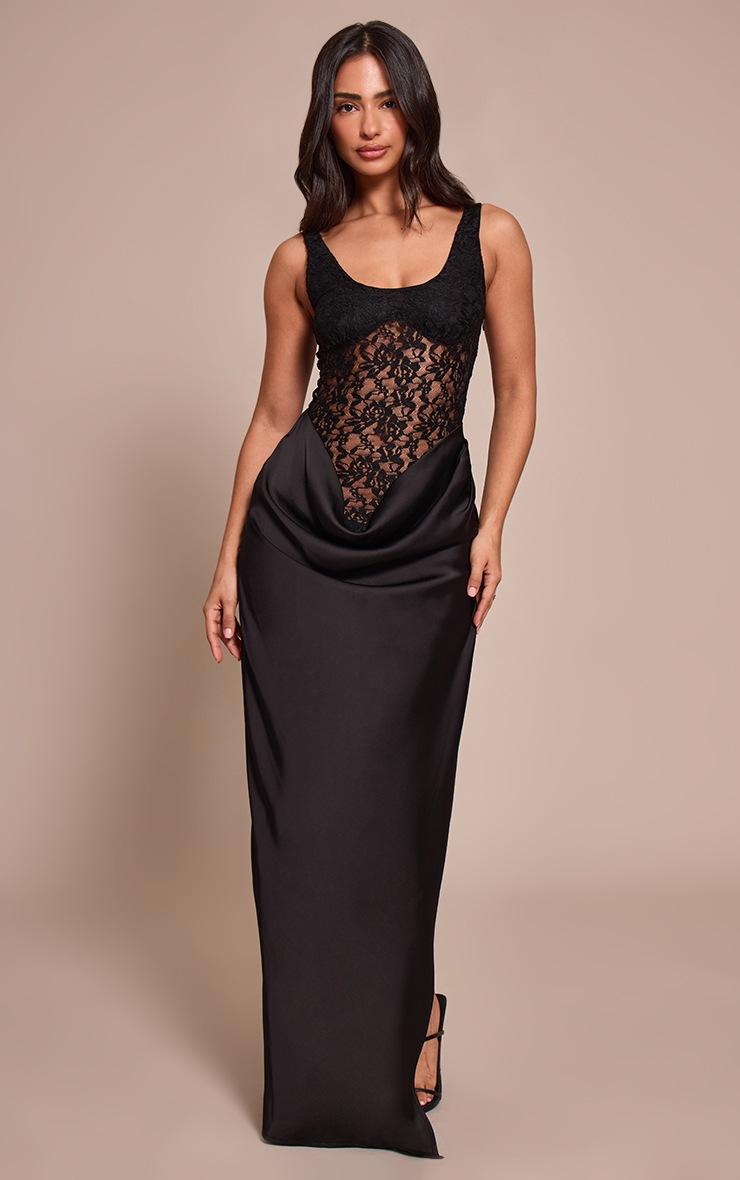Pretty Little Thing Petite Black Lace & Satin Maxi Dress