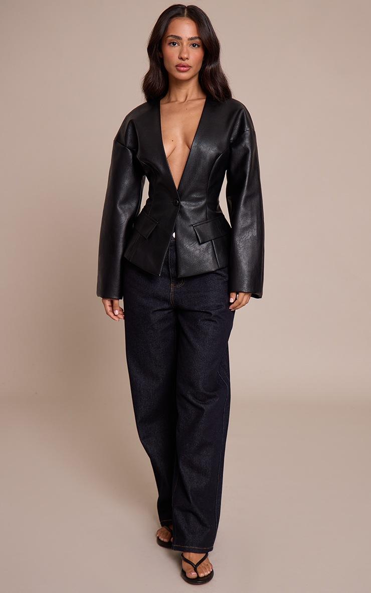 Pretty Little Thing Petite Black Leather Look Cinched Waist Blazer