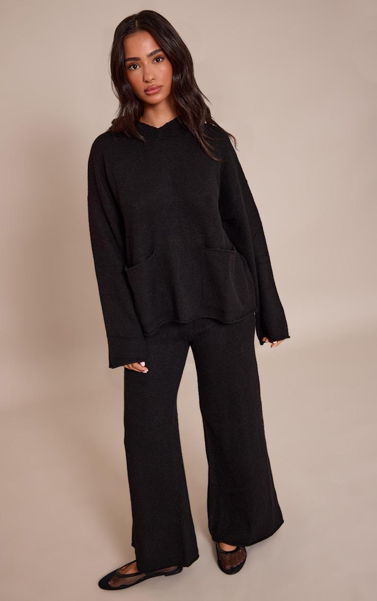 Pretty Little Thing Petite Black Luxe Knit Pocket Hooded Sweater