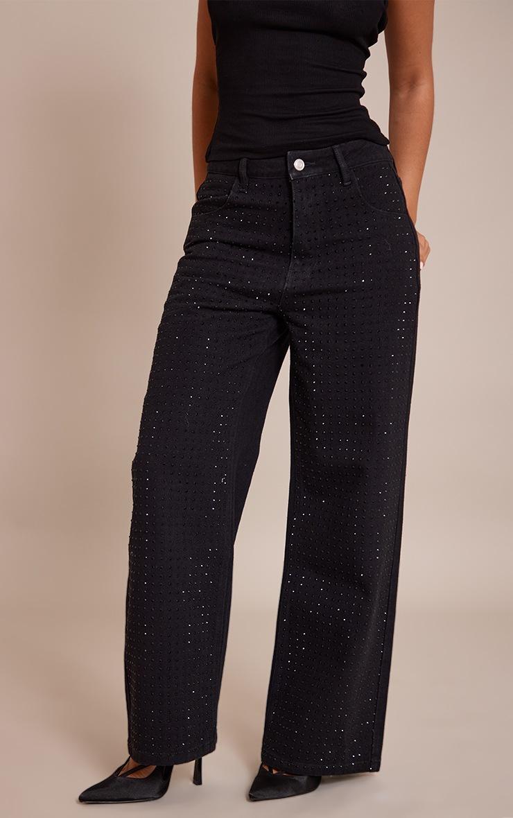 Pretty Little Thing Petite Black Mid Waist Diamante Straight Leg Denim Jeans