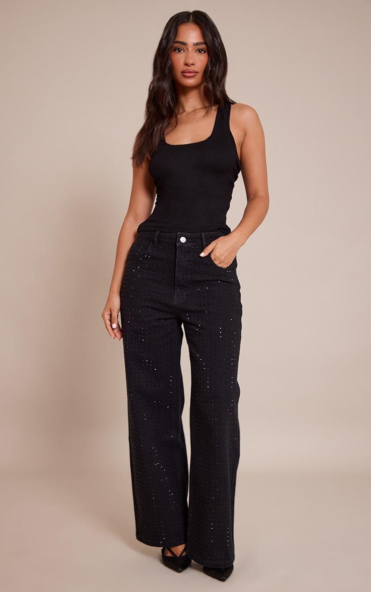 Pretty Little Thing Petite Black Mid Waist Diamante Straight Leg Denim Jeans