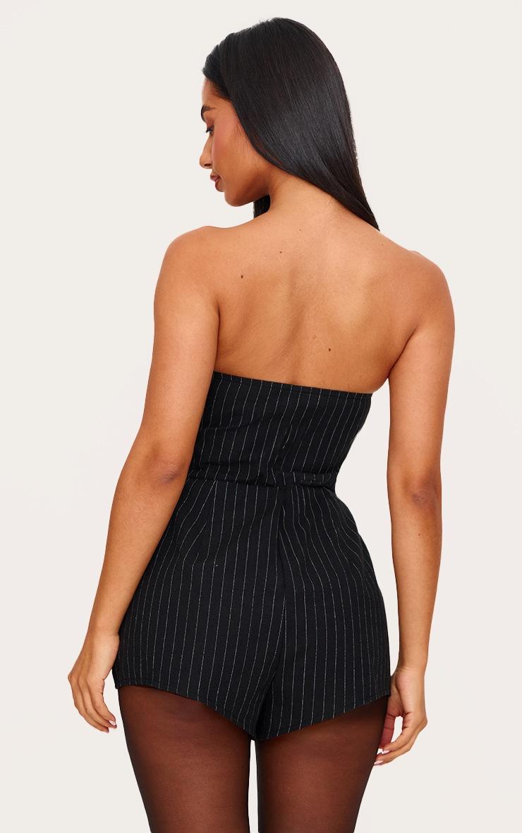 Pretty Little Thing Petite Black Pinstripe Woven Bandeau Romper