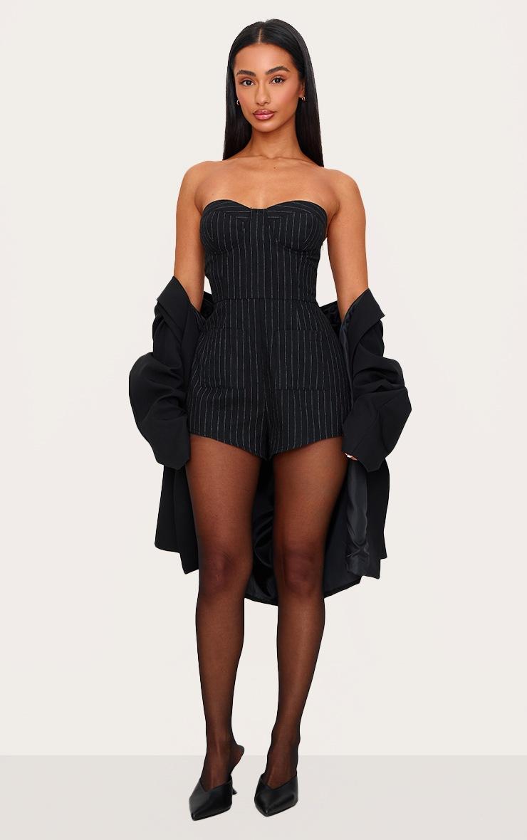 Pretty Little Thing Petite Black Pinstripe Woven Bandeau Romper