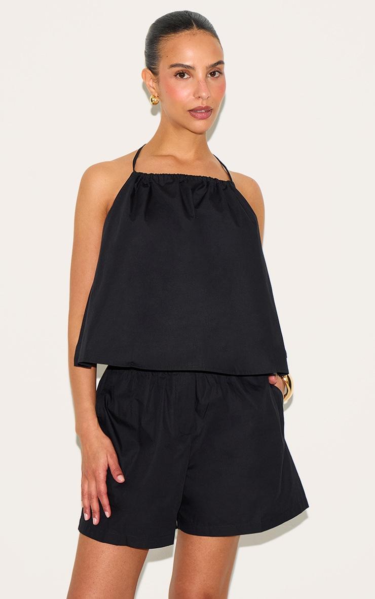 Pretty Little Thing Petite Black Poplin Low Back Halterneck Top