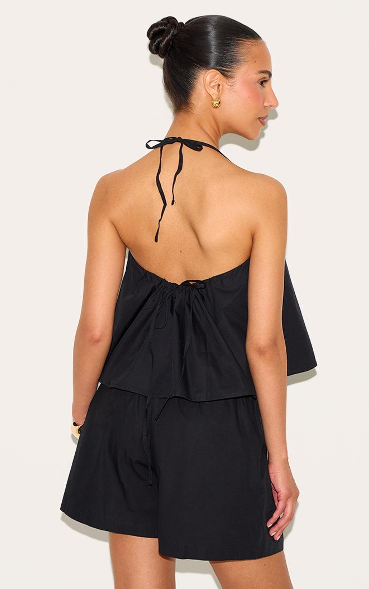 Pretty Little Thing Petite Black Poplin Low Back Halterneck Top