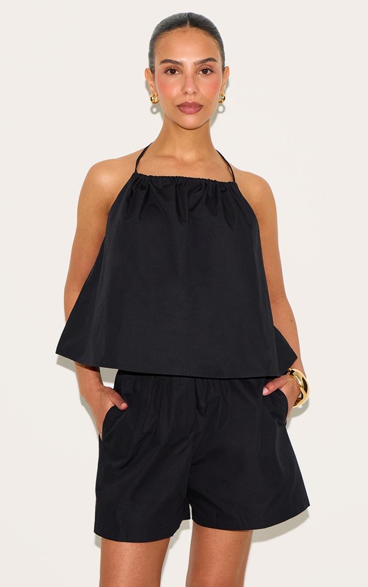 Pretty Little Thing Petite Black Poplin Low Back Halterneck Top