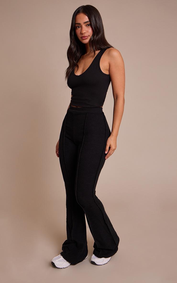 Pretty Little Thing Petite Black Rib High Waist Seam Detail Flared Pants