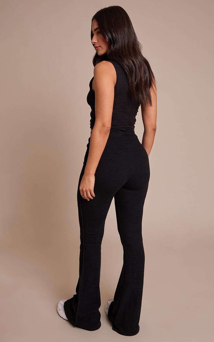 Pretty Little Thing Petite Black Rib High Waist Seam Detail Flared Pants