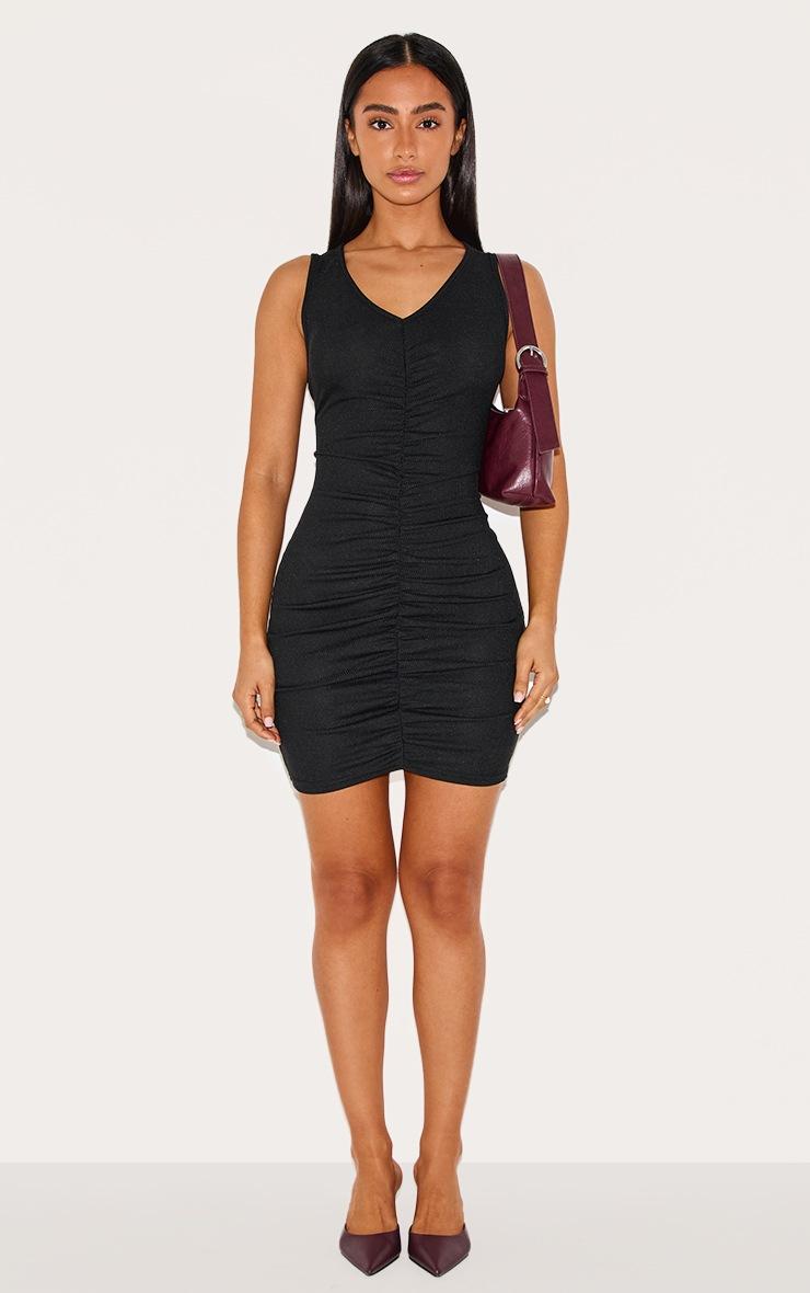 Pretty Little Thing Petite Black Ribbed Ruched Racer Bodycon Dress