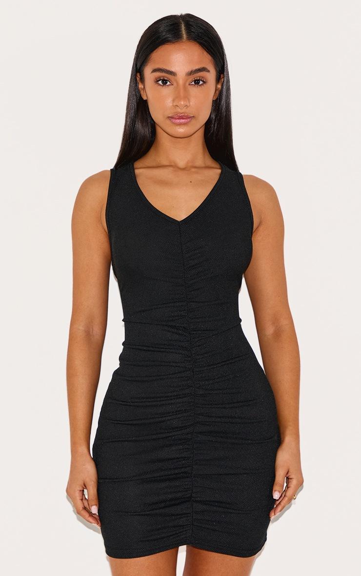 Pretty Little Thing Petite Black Ribbed Ruched Racer Bodycon Dress