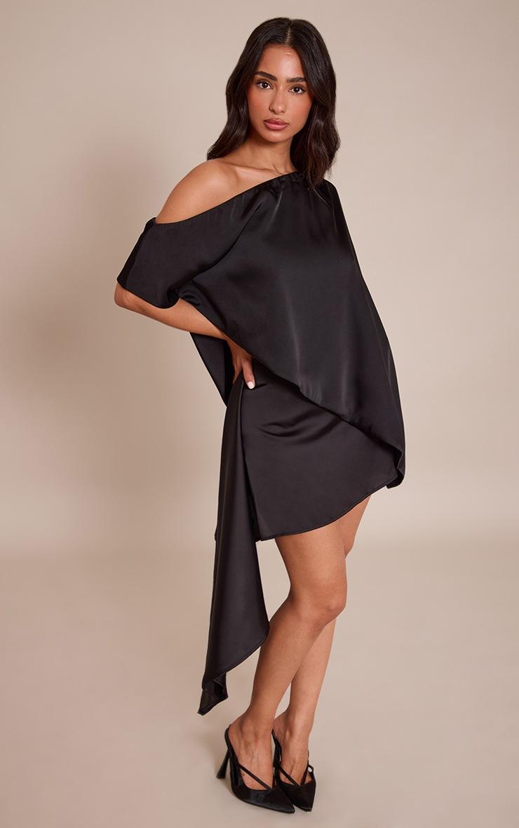 Pretty Little Thing Petite Black Satin Asymmetric Cape Top