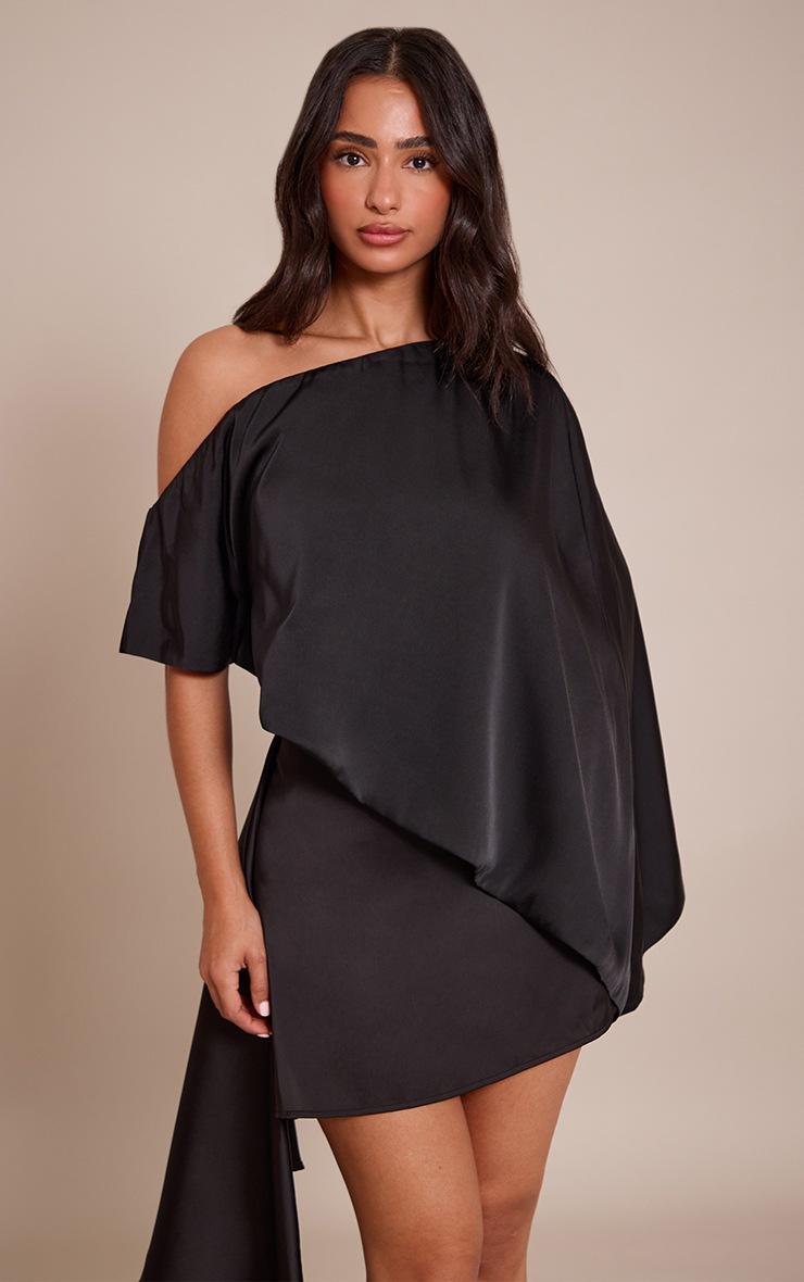 Pretty Little Thing Petite Black Satin Asymmetric Cape Top