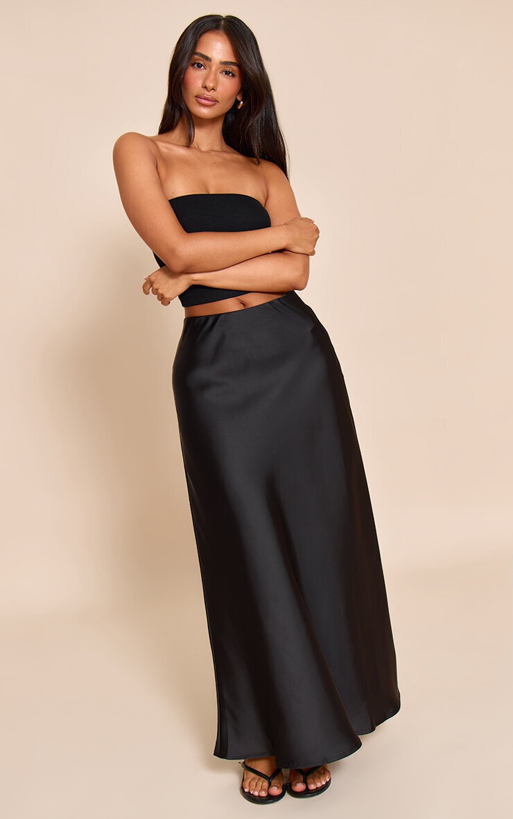 Pretty Little Thing Petite Black Satin Flowy Maxi Skirt