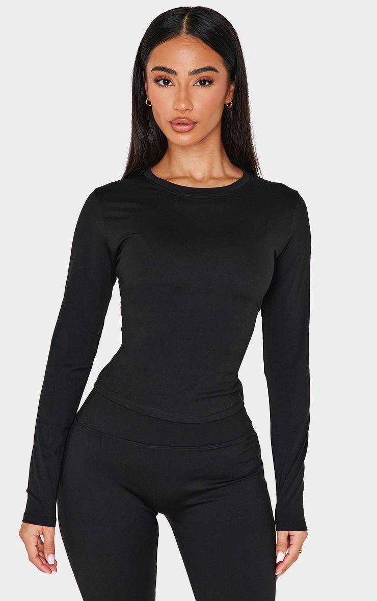 Pretty Little Thing Petite Black Sculpt Long Sleeve Gym Top