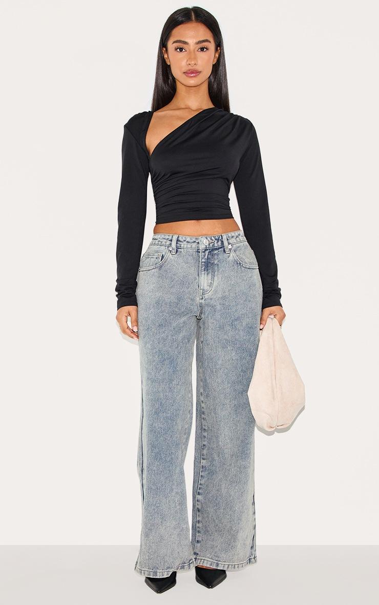 Pretty Little Thing Petite Black Slinky Long Sleeve Ruched Side Top